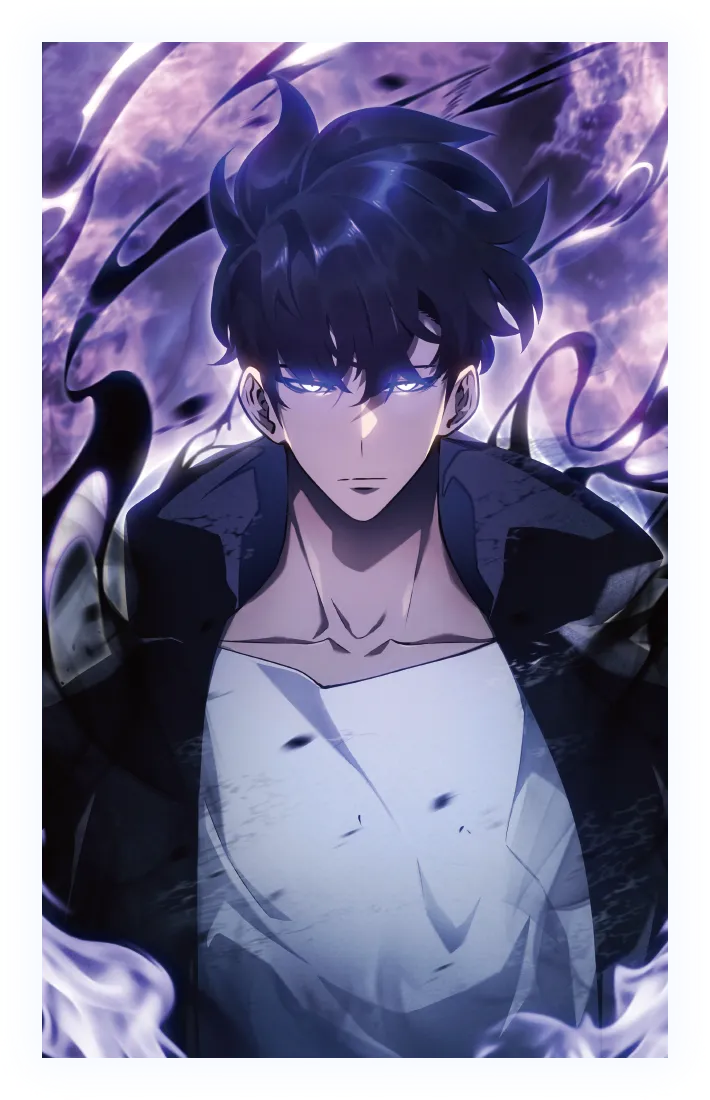 Main character Sung Jinwoo (Shadow Monarch) illustration for the Solo Leveling Exhibition in Shibuya, Tokyo 2026.