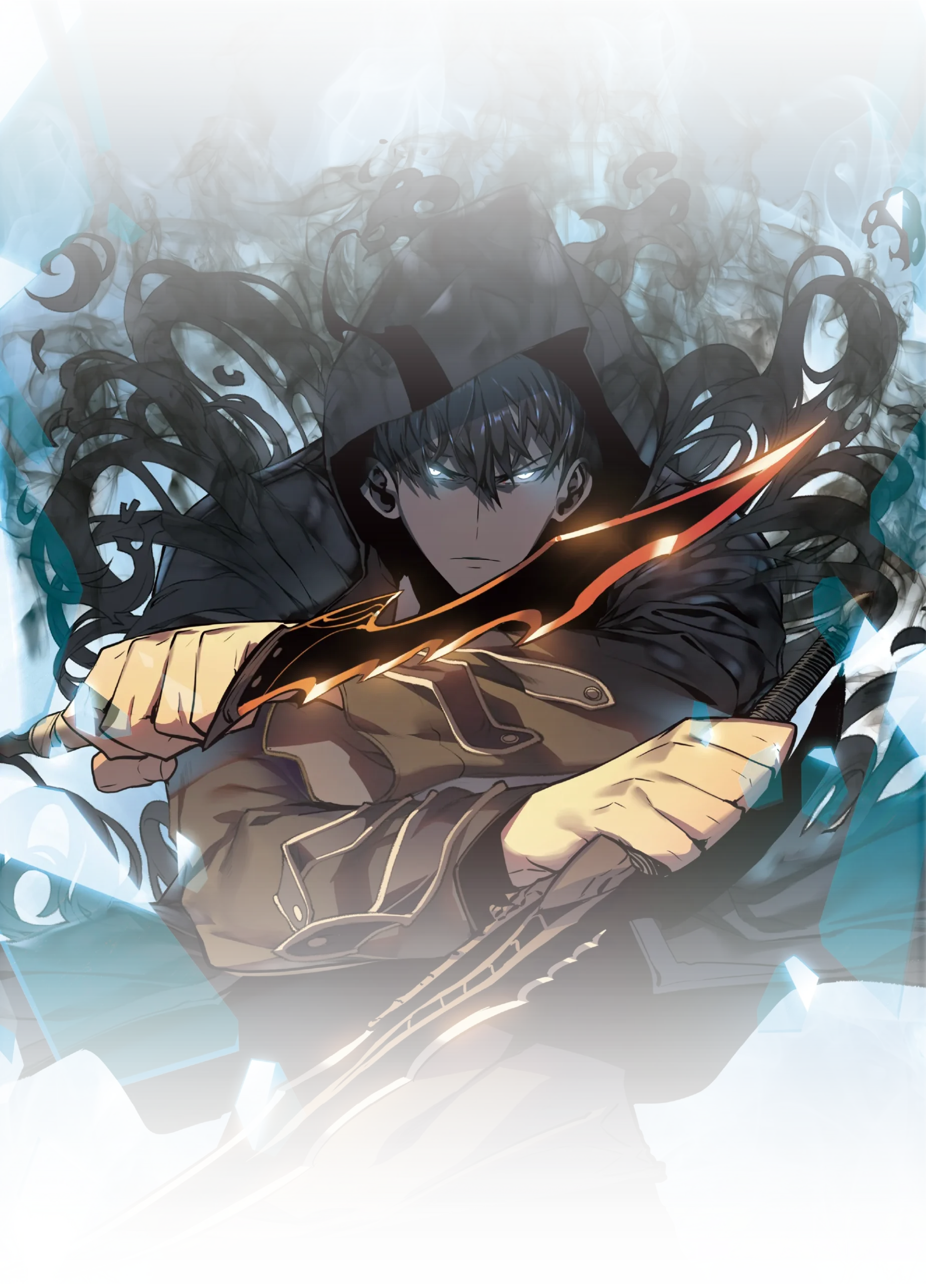 Dynamic action illustration of Sung Jinwoo with daggers for the Solo Leveling Exhibition Tokyo 2026.