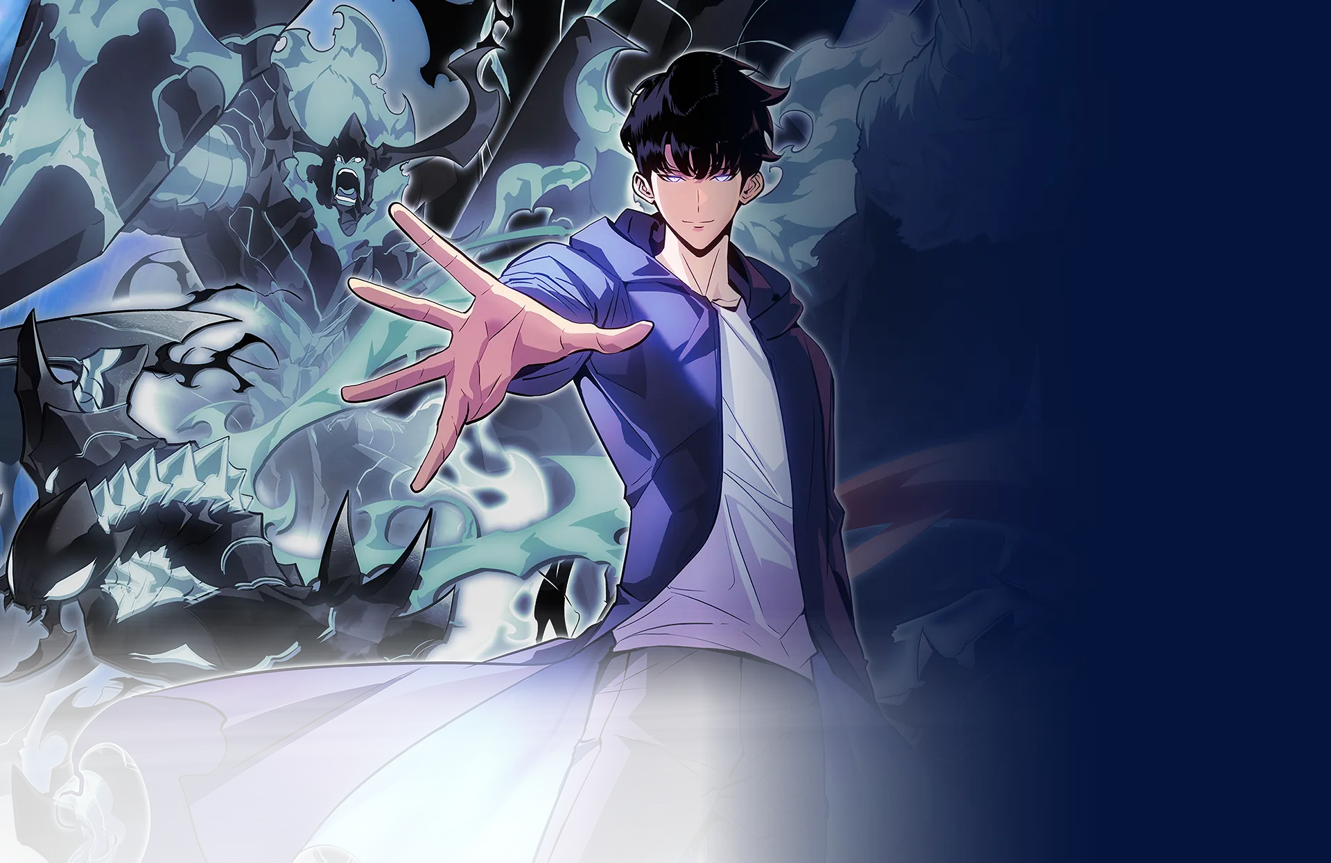 Main hero section image for the Solo Leveling Shibuya Exhibition. Dynamic illustration of main character Sung Jinwoo unleashing shadow magic.